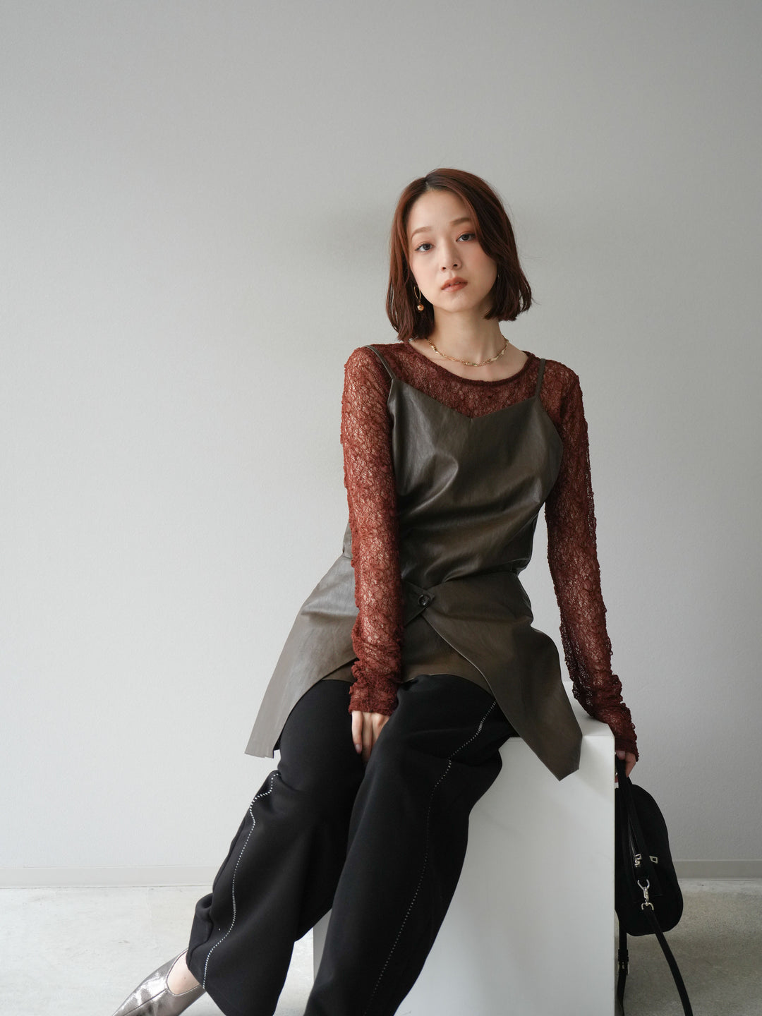 [予約]レイヤードレザーキャミソールチュニック/ブラウン