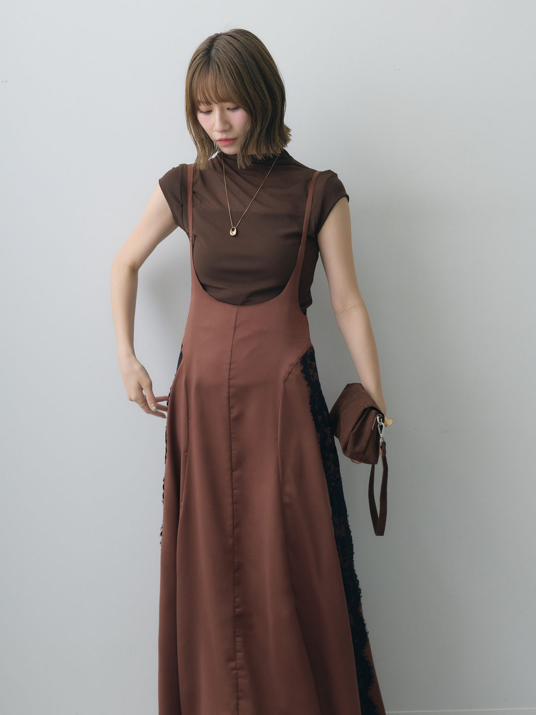 [予約]サイドレースサテンジャンパースカート/brown
