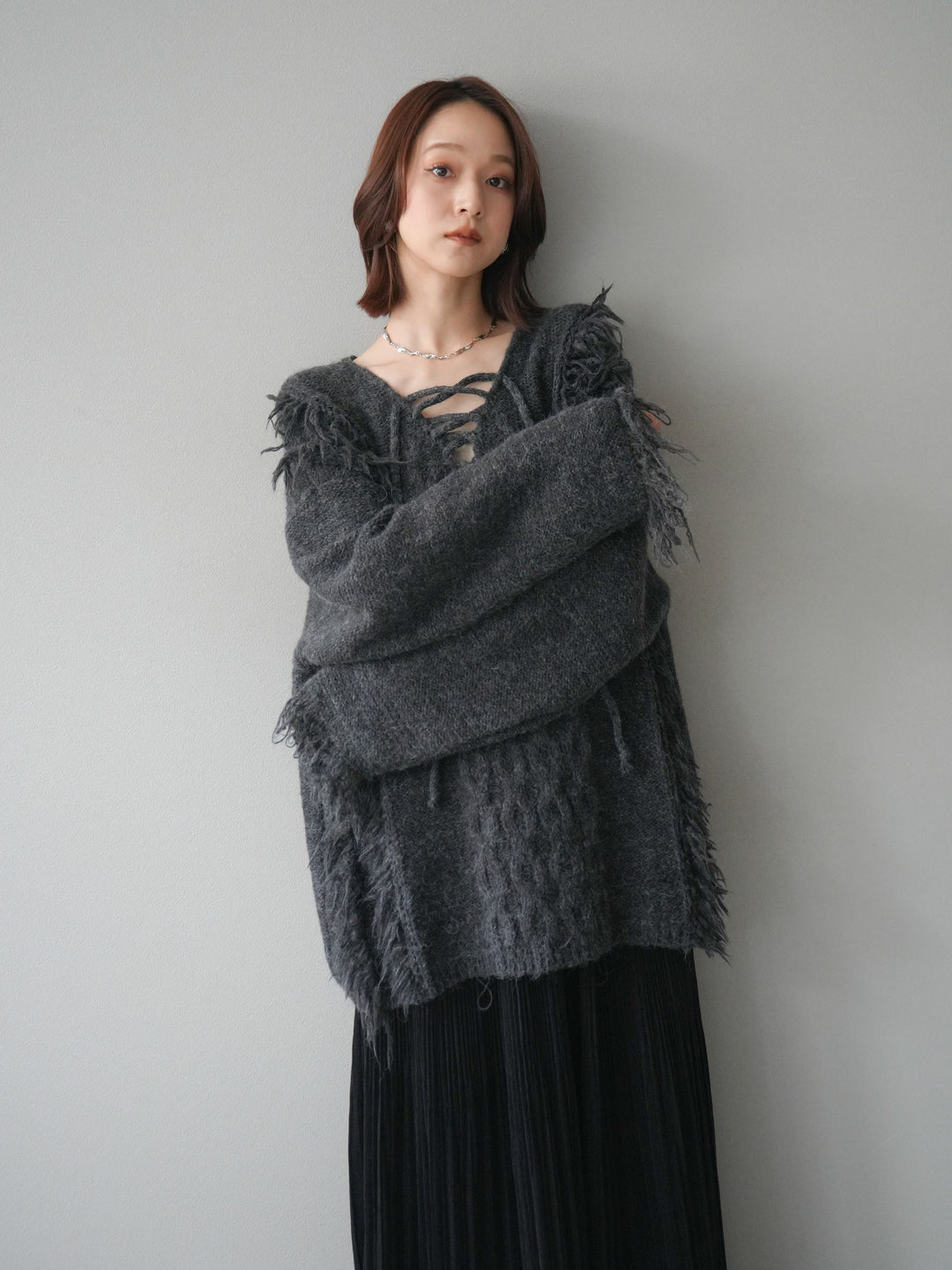 [予約]レースアップフリンジニットプルオーバー/gray