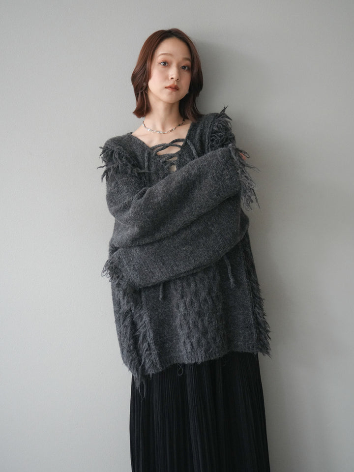 [予約]レースアップフリンジニットプルオーバー/gray
