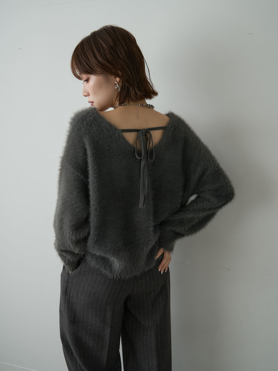[SET]バックリボンVネックシャギーニットトップス+選べるアクセセット(2set)