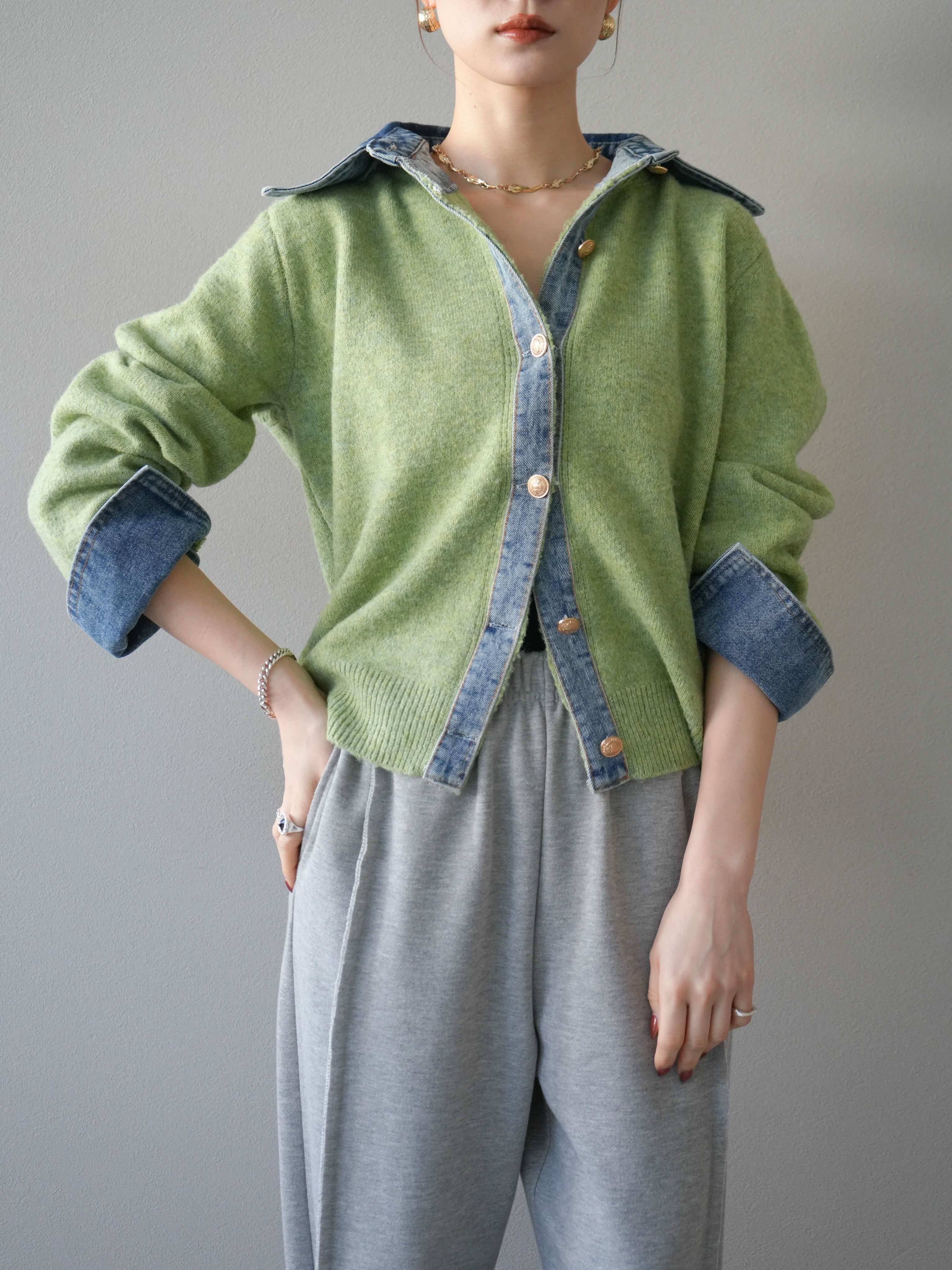 予約]デニム襟ボタンニットカーディガン/pistachio – Lumier