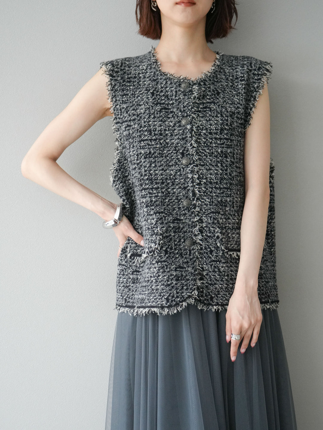 [予約]ミックスツイードフリンジニットベスト/ブラック