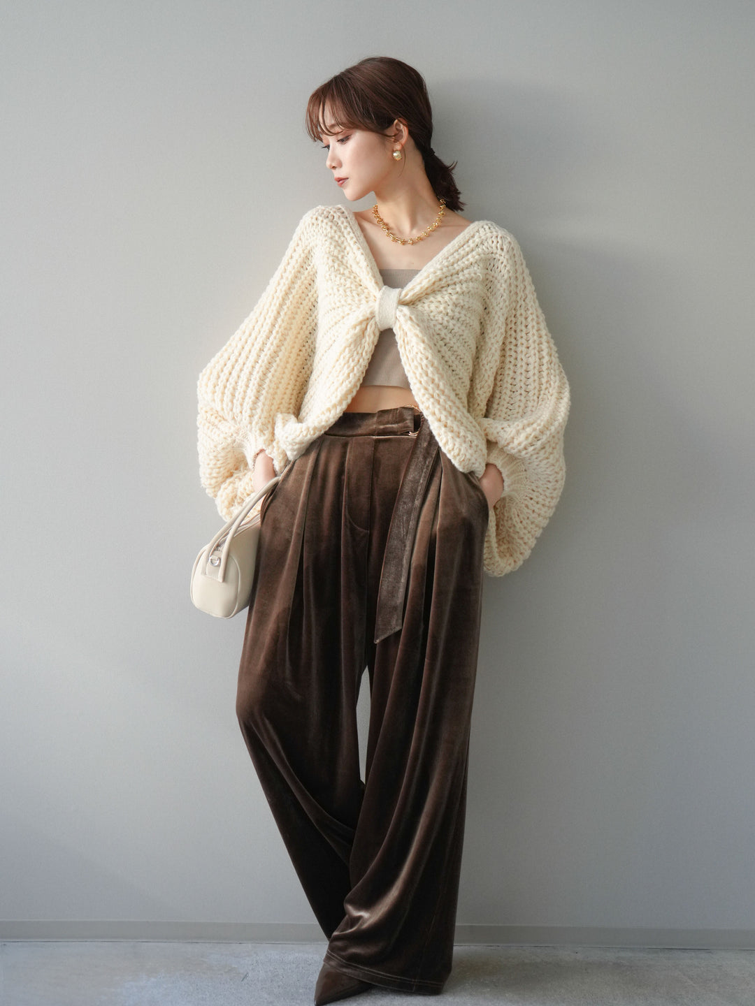 [SET]ローゲージ畦編みドルマンニットボレロ+ベロアベルトスリムパンツ(2set)