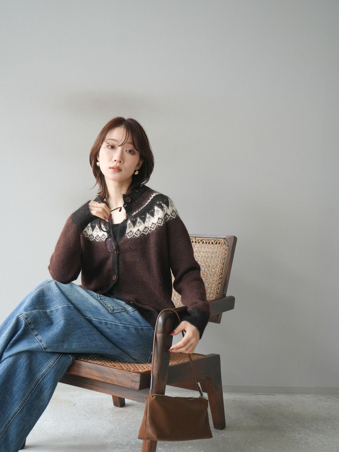 [SET]ノルディック柄ニットカーディガン+ペインターカーブデニムパンツ(2set)