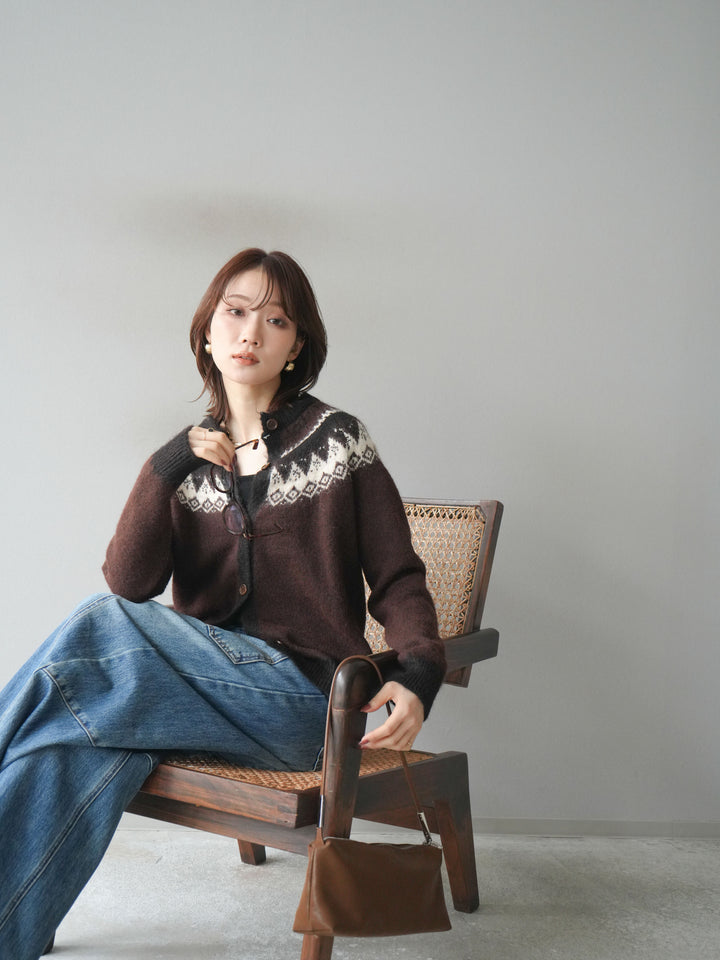 [SET]ノルディック柄ニットカーディガン+ペインターカーブデニムパンツ(2set)
