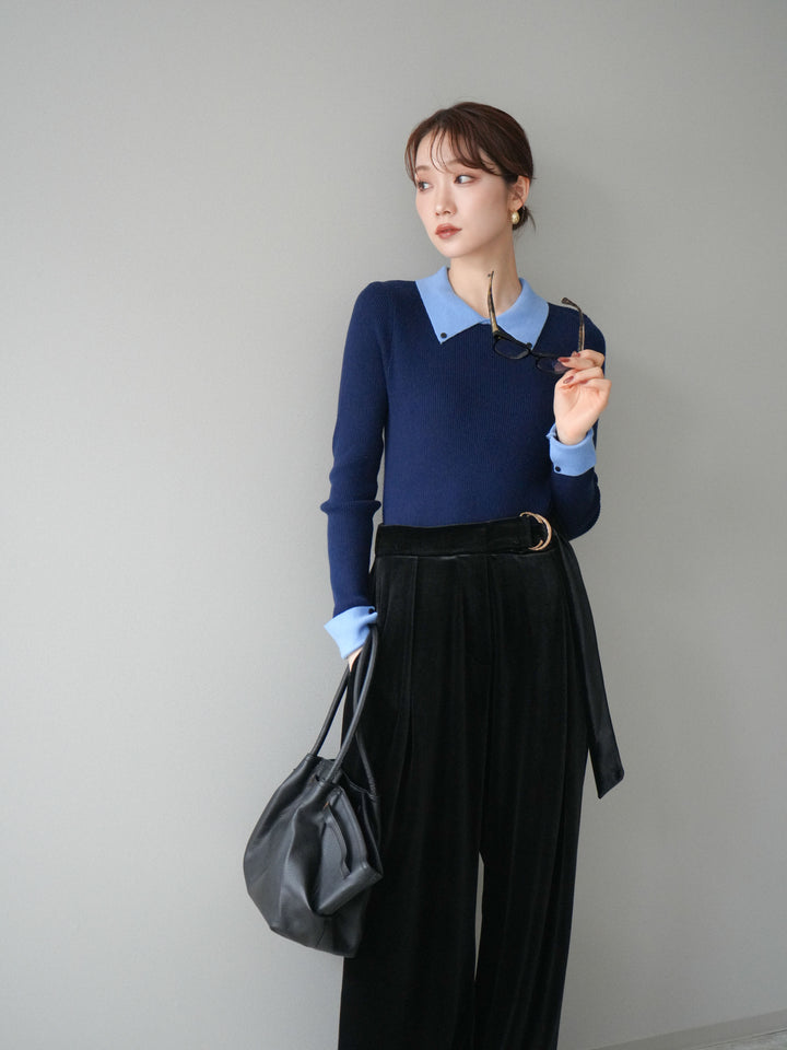 [予約]ニットカフス襟付き配色リブニットトップス/navy