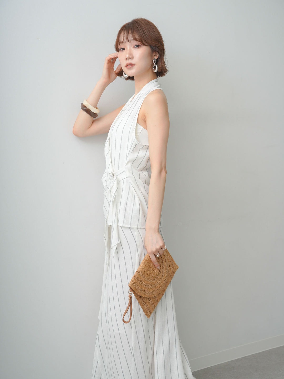 【套裝】條紋裹身背心+條紋腰結半裙（兩件組）