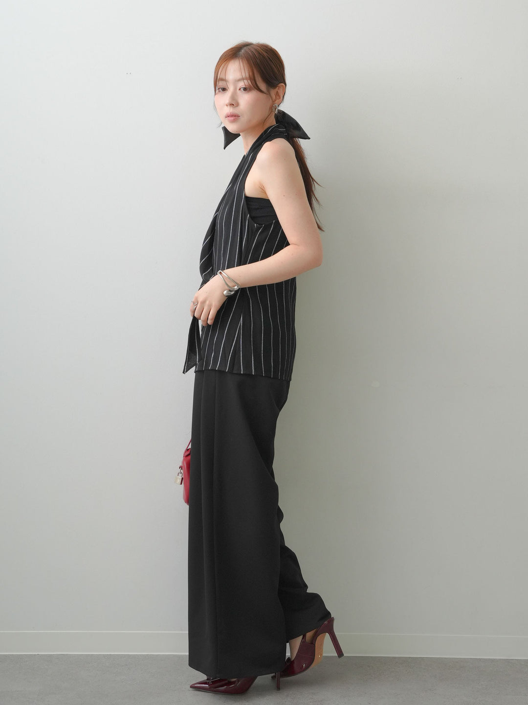 [SET]ストライプカシュクールジレ+クレープデシンタックワイドパンツ(2set)