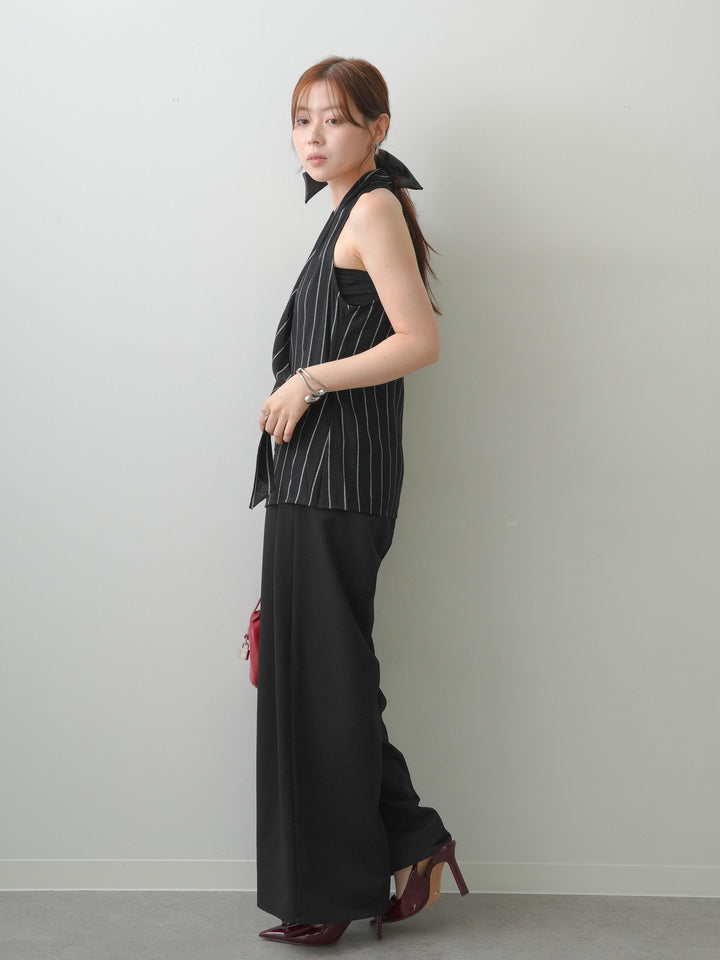 [SET]ストライプカシュクールジレ+クレープデシンタックワイドパンツ(2set)