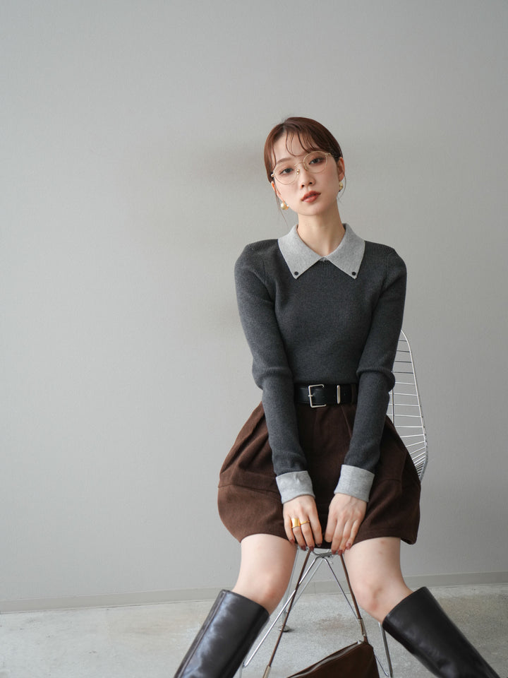 [予約]ニットカフス襟付き配色リブニットトップス/charcoal