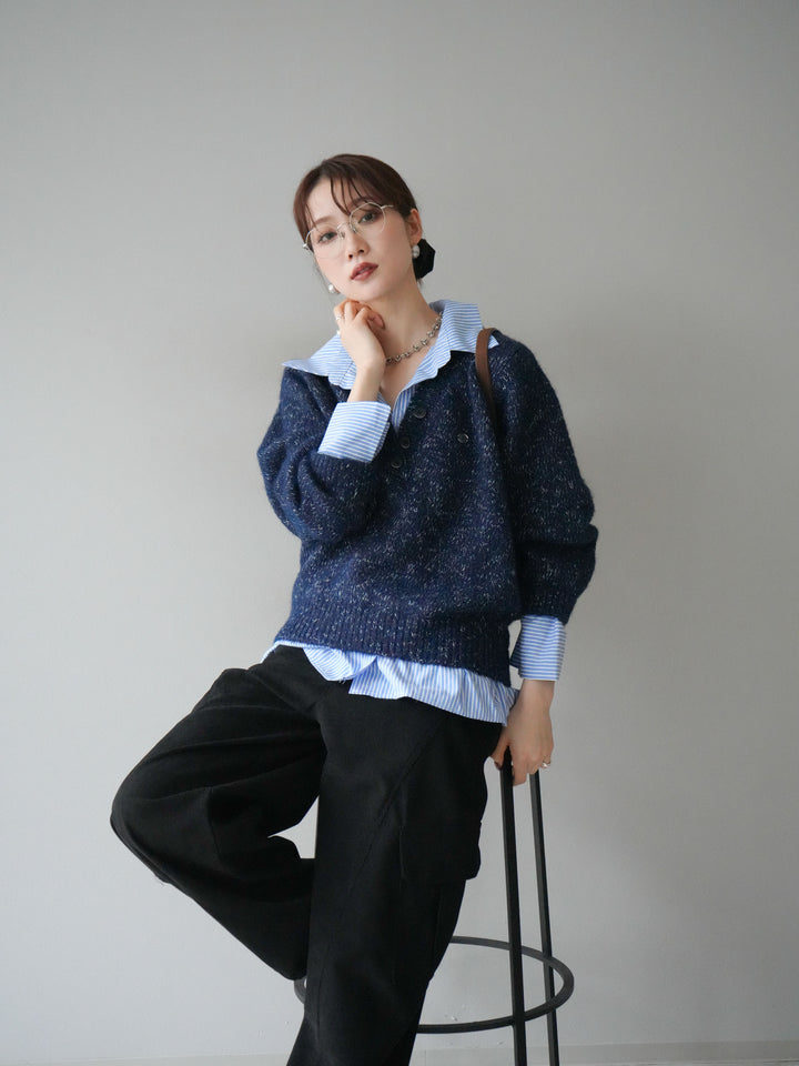 [予約]ストライプシャツドッキングMIXヤーンニットプルオーバー/navy