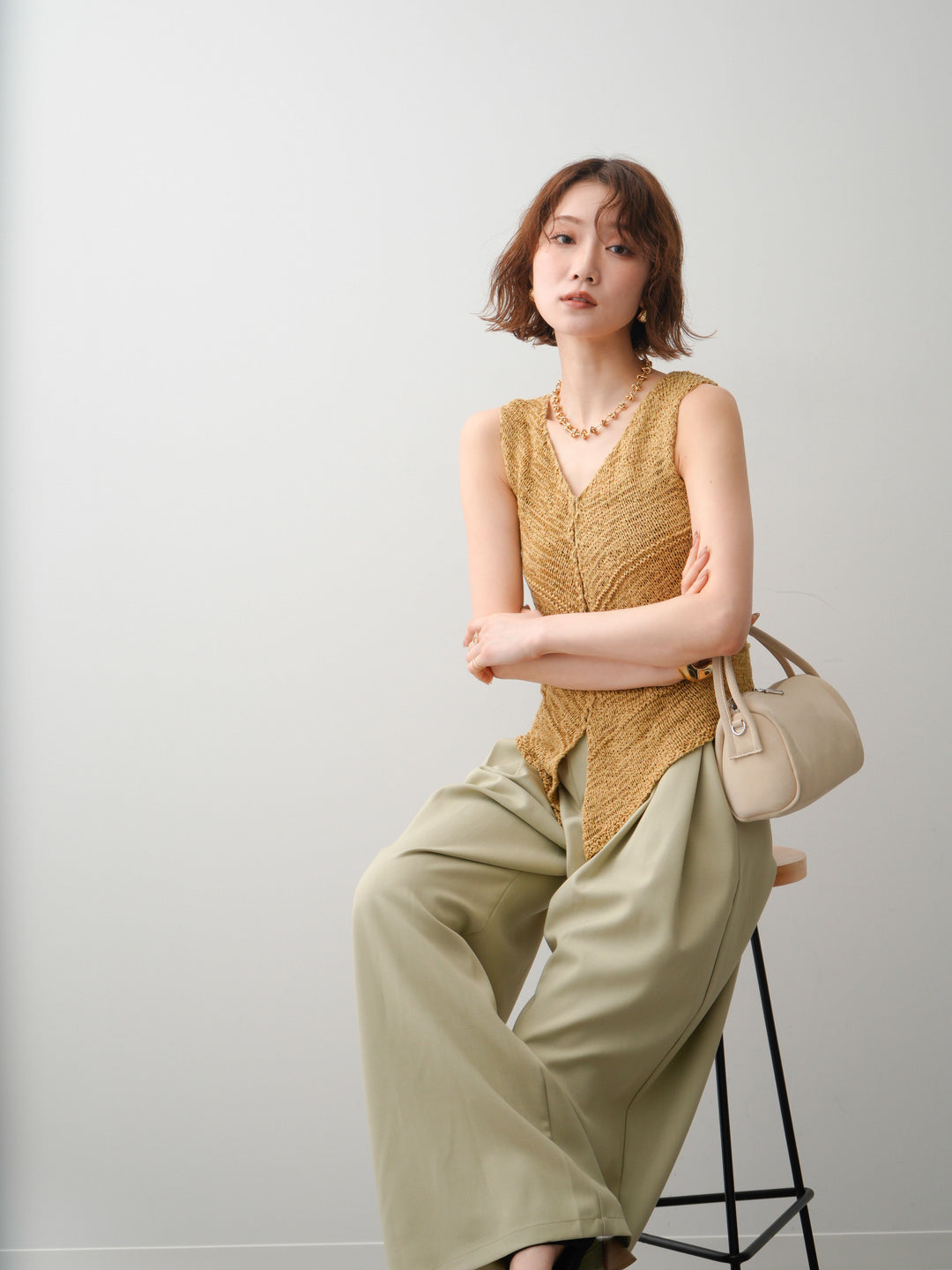 [予約]テープヤーンVネックニットトップス/khaki