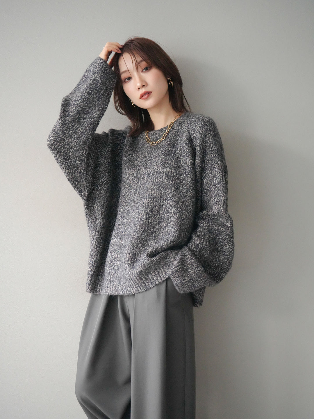 [SET]クルーネック畦編みミックスニット+選べるアクセセット(2set)