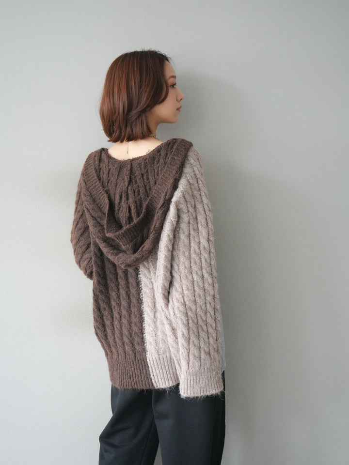 [予約]デニム×バイカラーニットZIPフーディ/brown