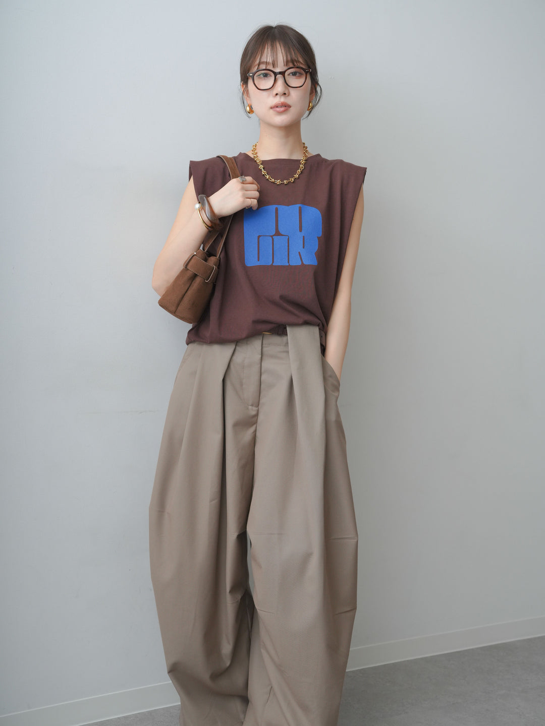 [SET]ワイドネックプリントTEE+ショルダータックノースリーブオーバーTEE(2set)