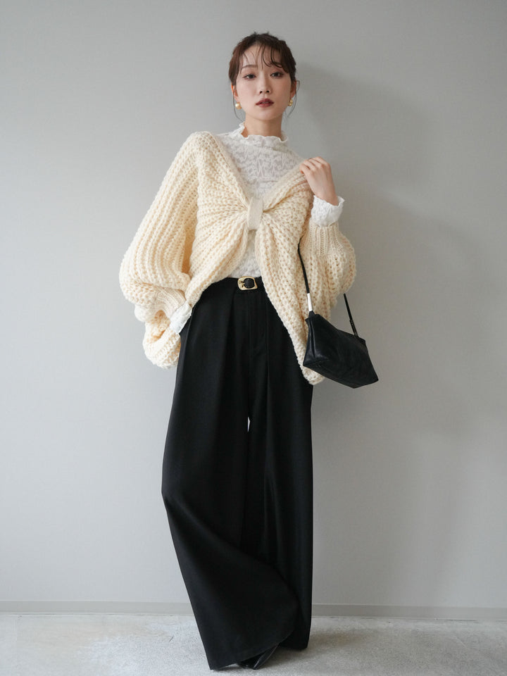 [SET]ローゲージ畦編みドルマンニットボレロ+起毛レースプチネックトップス+ベルトループデザインワイドパンツM(3set)