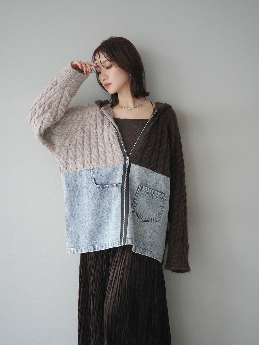 [予約]デニム×バイカラーニットZIPフーディ/brown