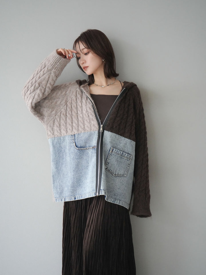 [予約]デニム×バイカラーニットZIPフーディ/brown