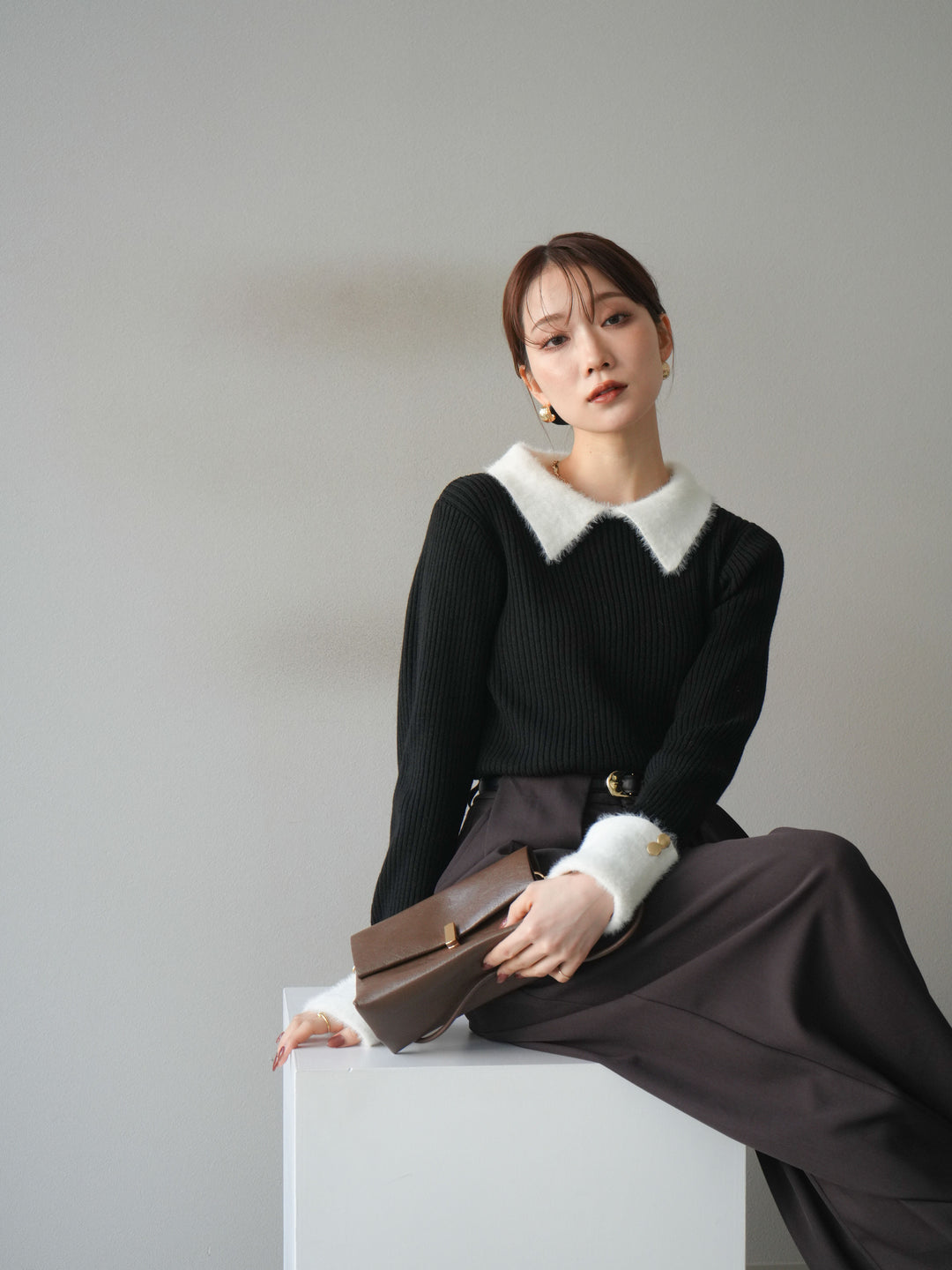 [SET]シャギー襟リブニットトップス+ベルトループデザインワイドパンツ(2set)