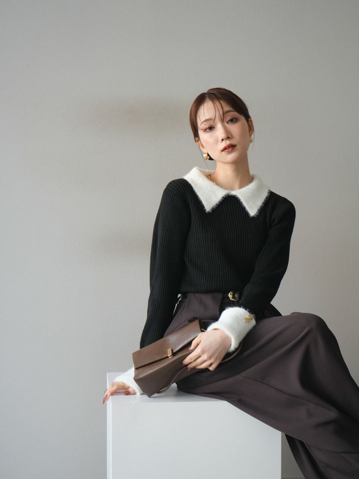 [SET]シャギー襟リブニットトップス+ベルトループデザインワイドパンツ(2set)