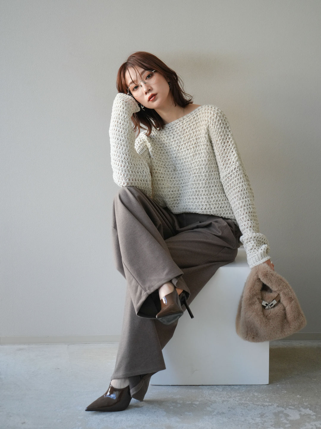 [予約]ネップ透かし編みオーバーニット/ivory