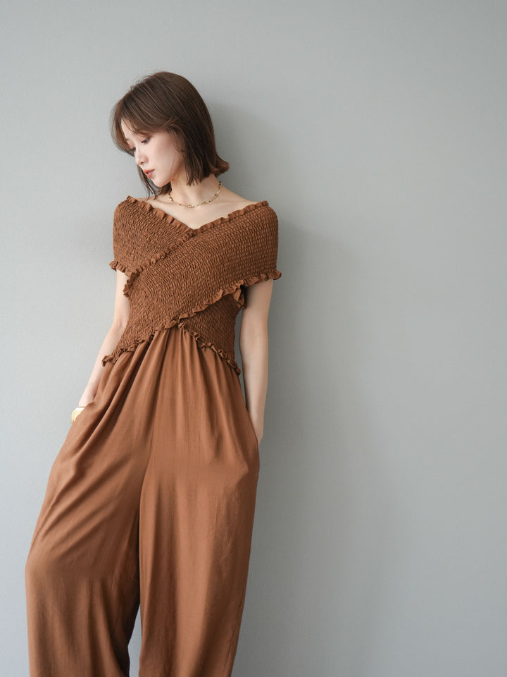 [予約]シャーリングクロスサロペット/ブラウン