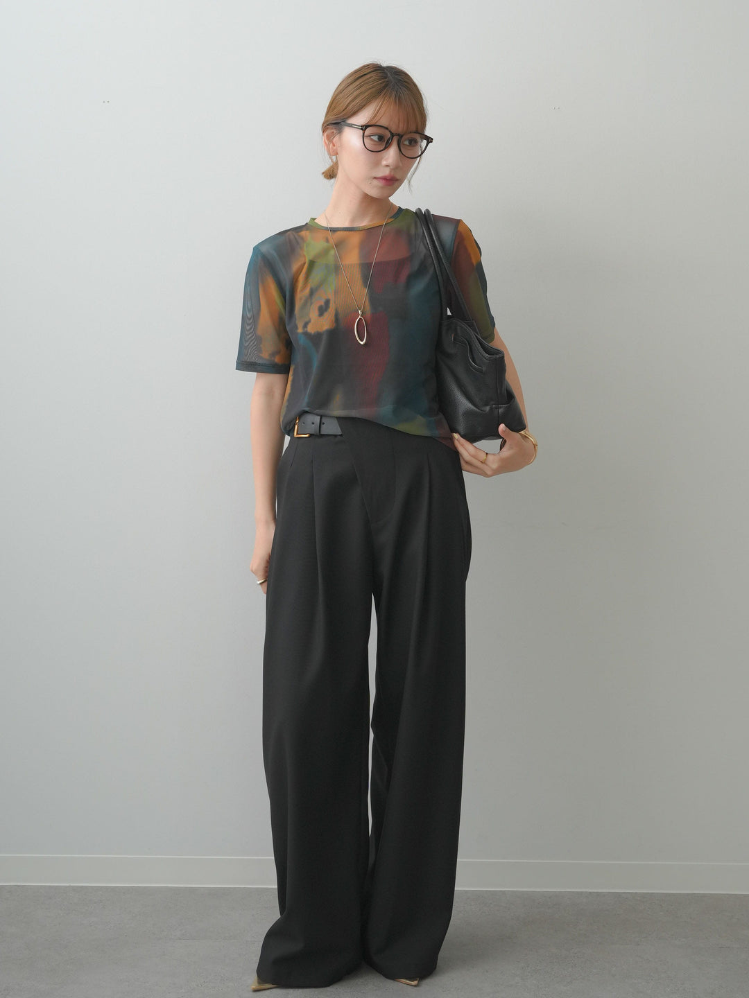 [SET]水彩アートシアーTシャツ+アシンメトリーベルトタックワイドパンツ(2set)