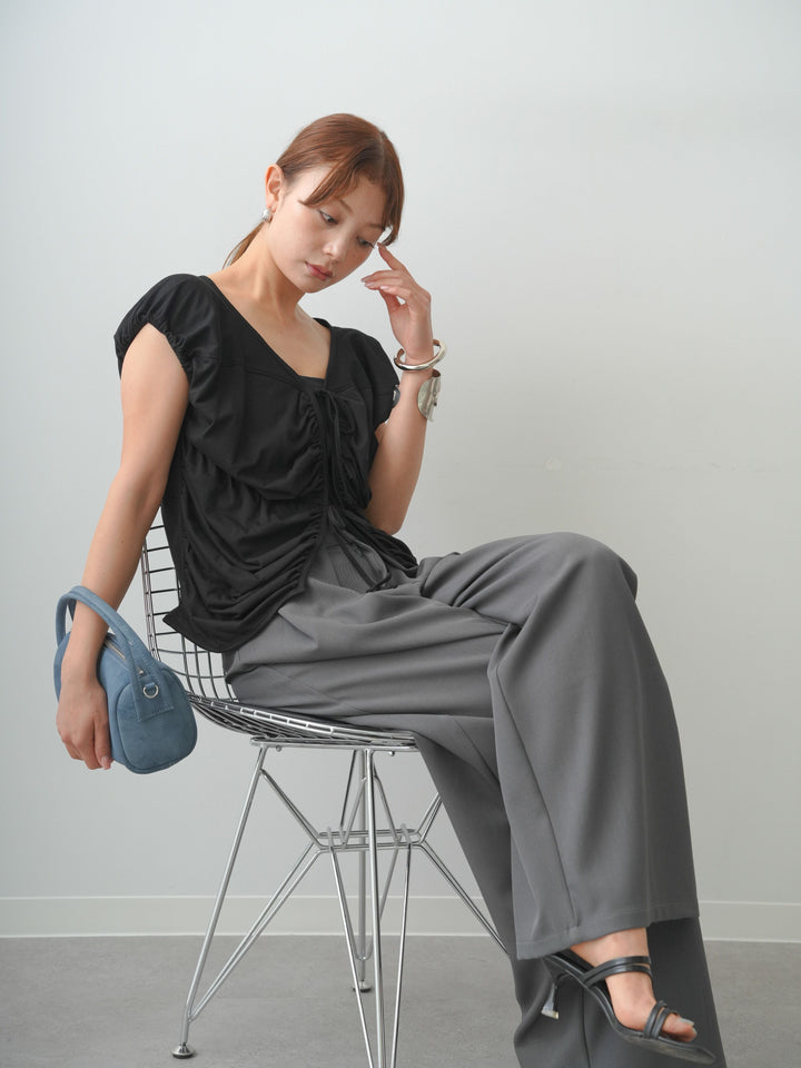 [SET]フレンチスリーブフロントリボンギャザートップス+ベルトループデザインワイドパンツ(2set)