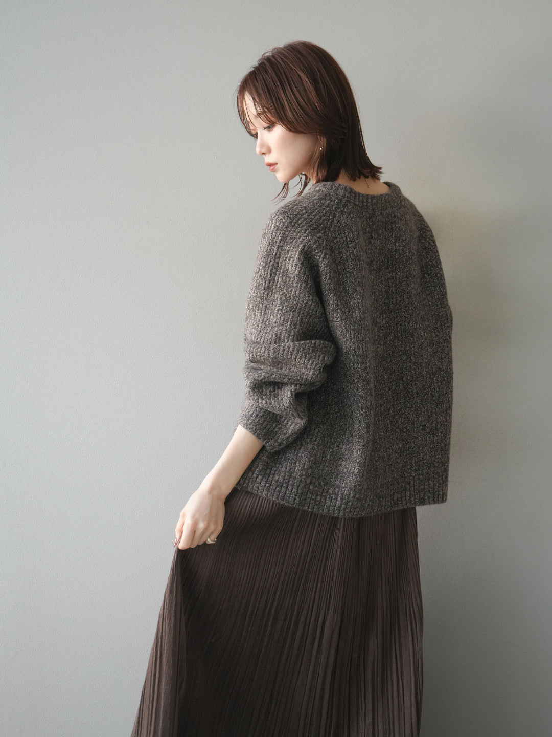 [予約]クルーネック畦編みミックスニット/brown