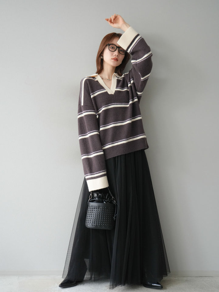 [SET]ポロ襟スキッパーボーダーニットプルオーバー+チュールボリュームスカート(2set)