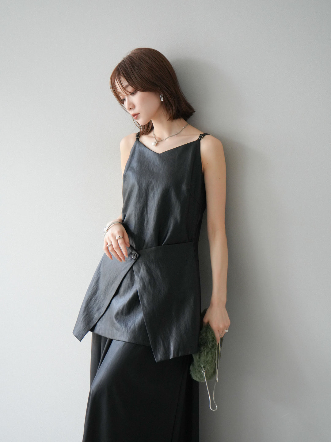 [予約]レイヤードレザーキャミソールチュニック/ブラック