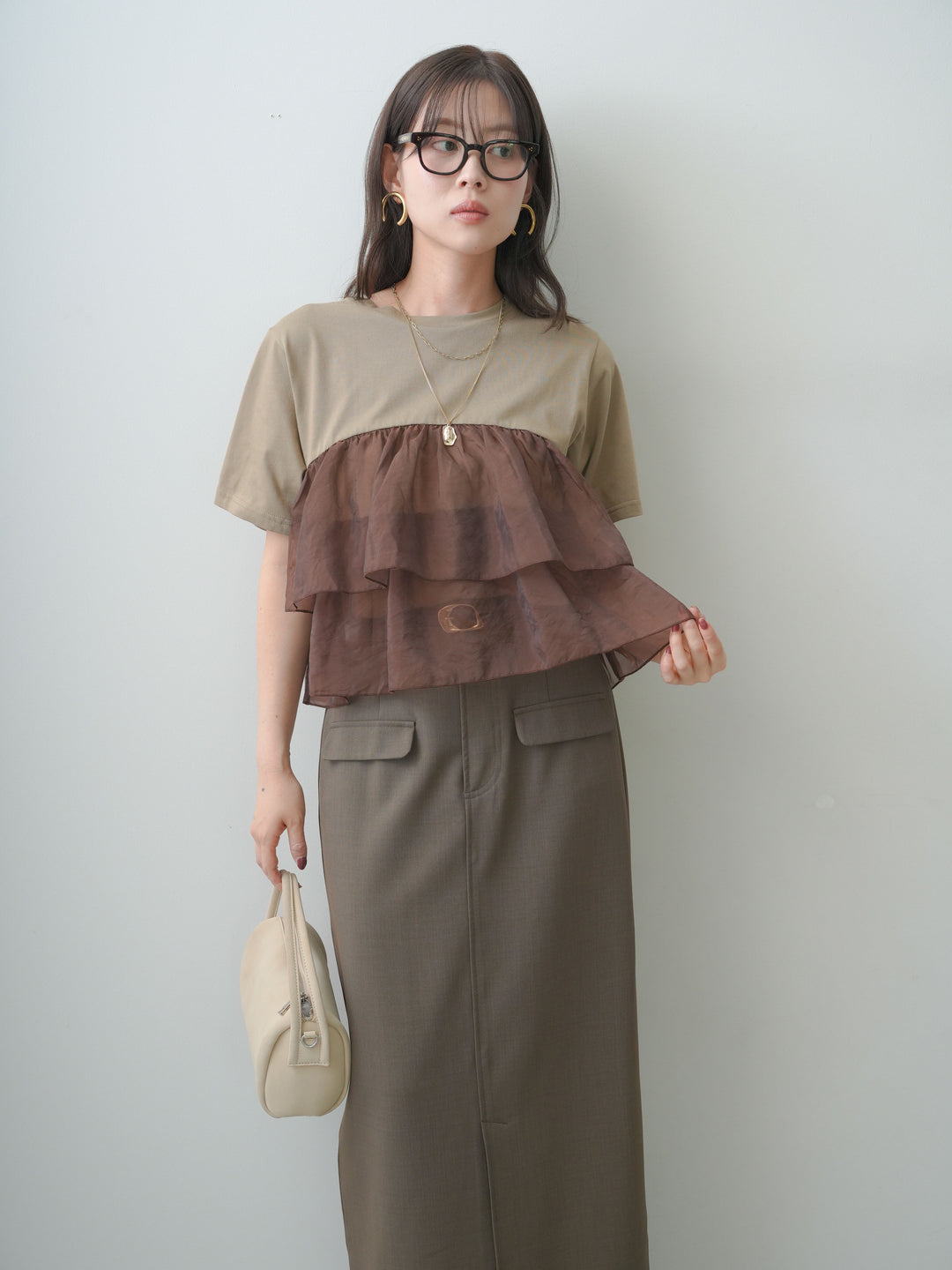 [SET]オーガンジーフリルドッキングTEE+クレープデシンフラップ付きストレートスカート(2set)
