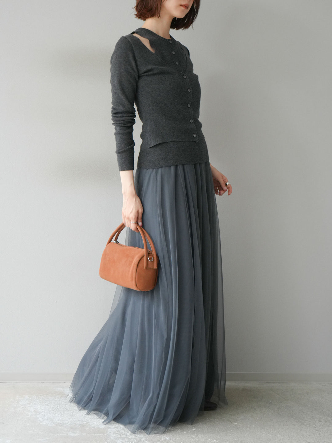 [予約]レイヤードデザインニットカーディガン/チャコール