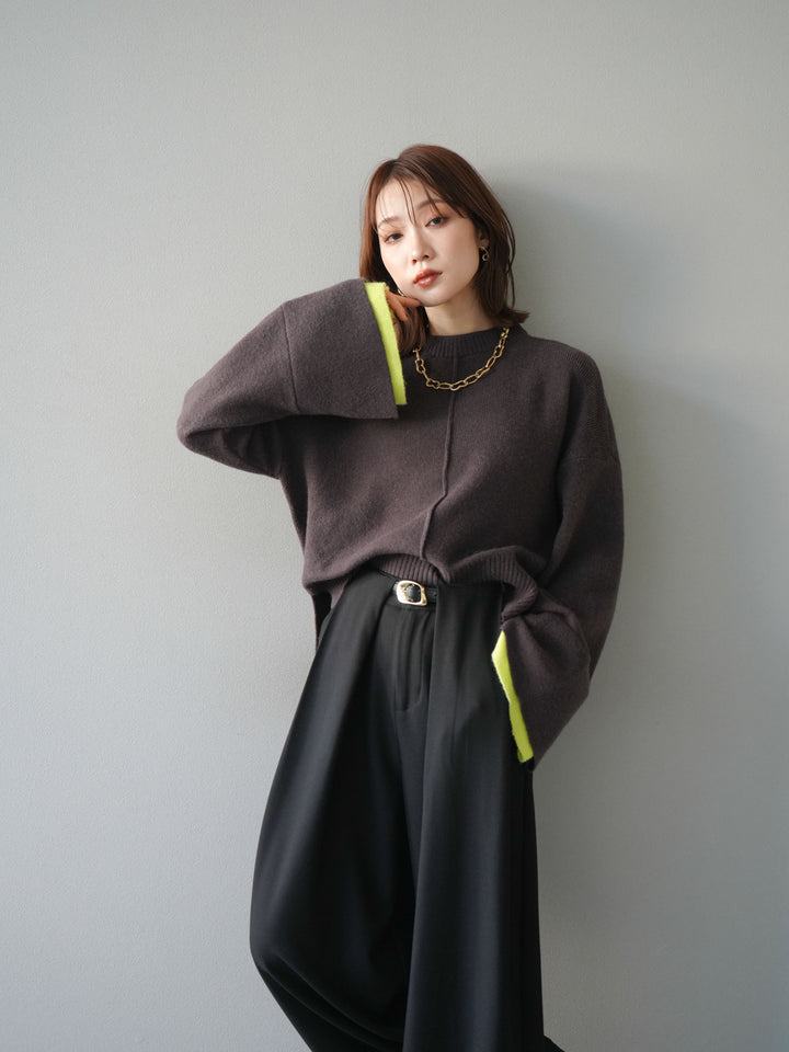 [予約]袖レイヤード配色ニットプルオーバー/brown