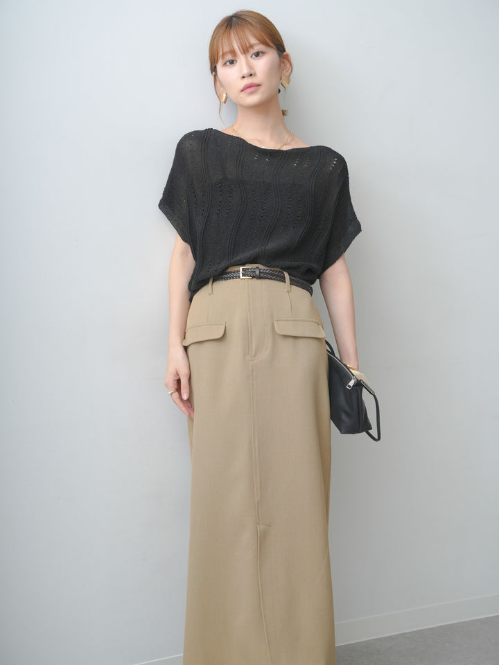 [SET]アイレットサマーニットトップス+クレープデシンフラップ付きストレートスカート(2set)