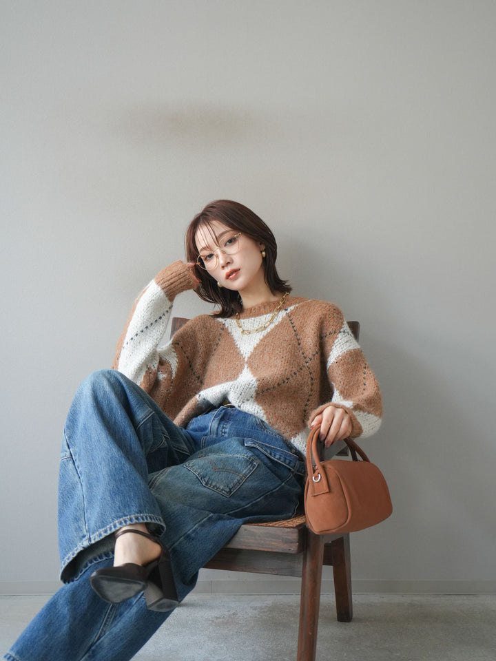 [予約]アーガイルオーバーニットプルオーバー/camel