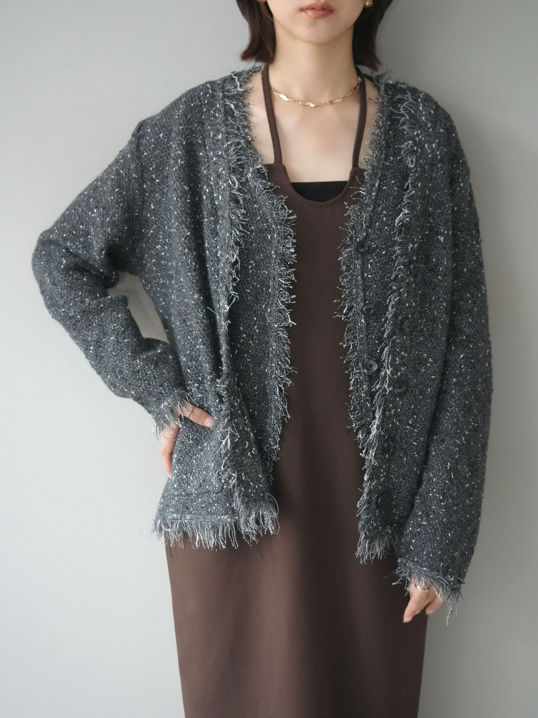 [予約]ネップフリンジニットカーディガン/ gray