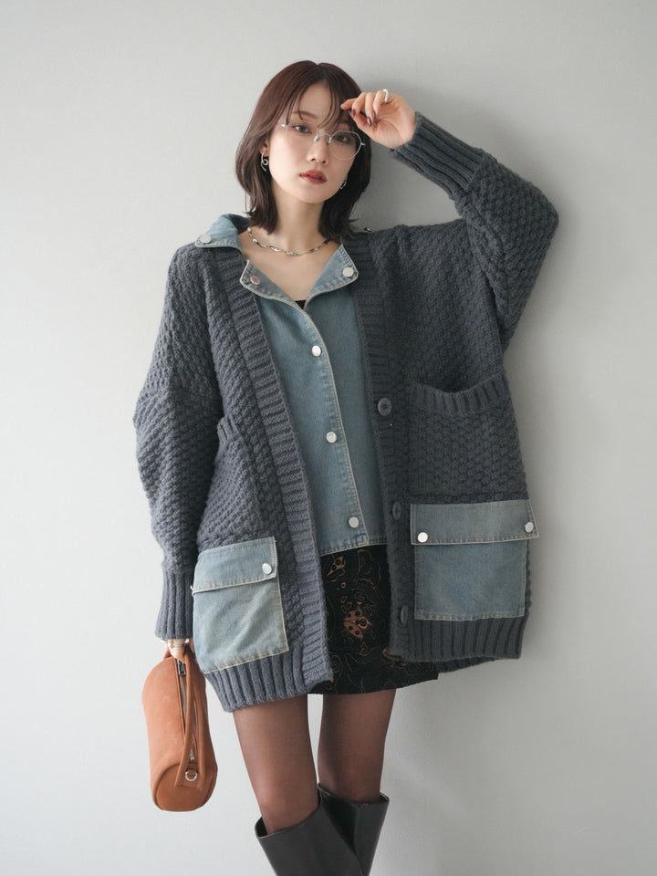 [SET]デニム襟レイヤードニットジャケット+デニム襟レイヤードニットジャケット(2set)