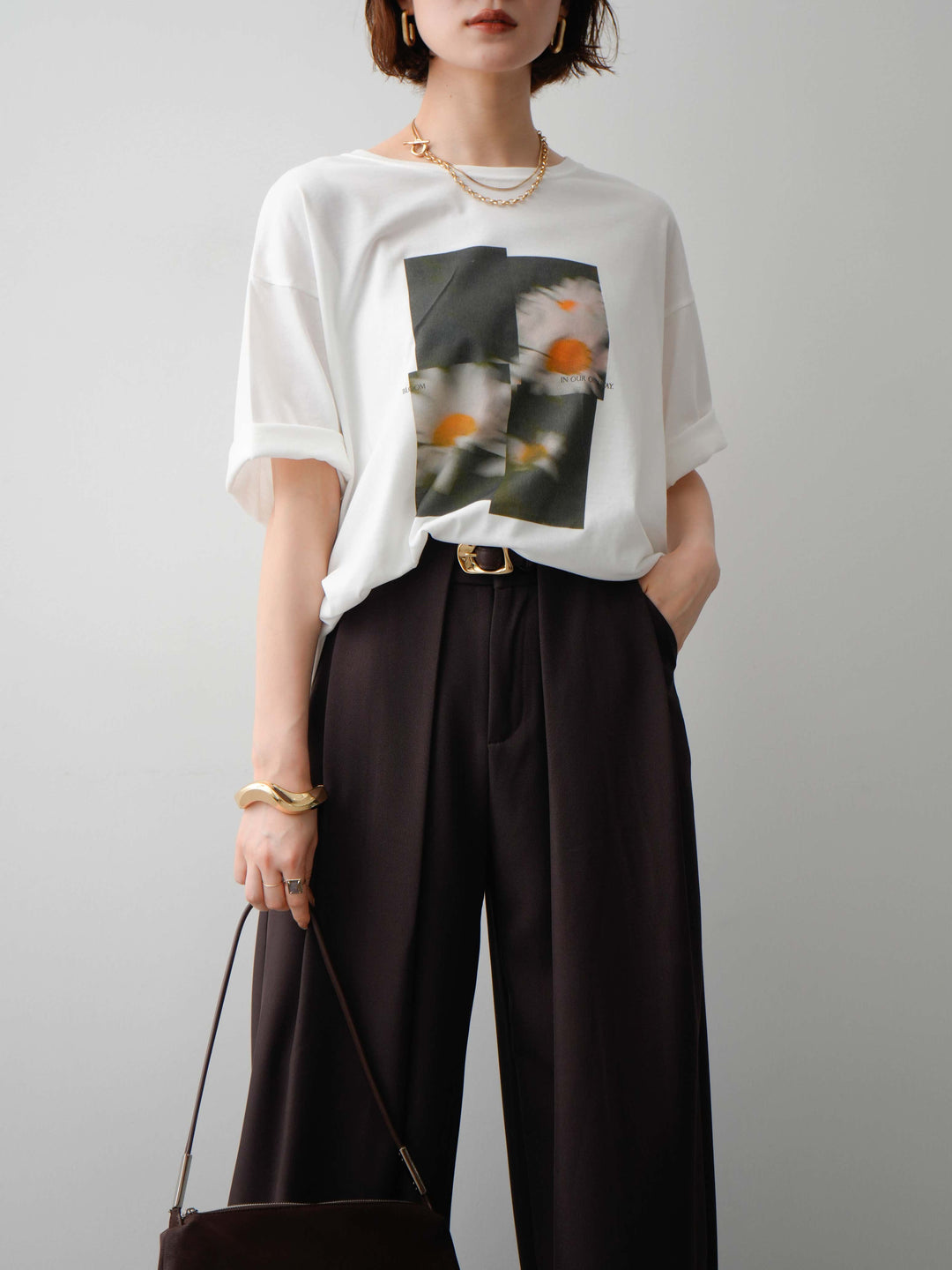 [SET]フラワーフォトTEE+ベルトループデザインワイドパンツ(2set)