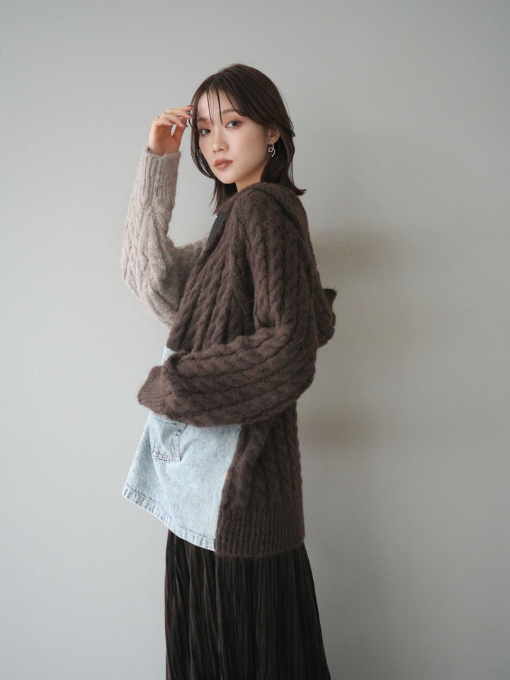 [予約]デニム×バイカラーニットZIPフーディ/brown