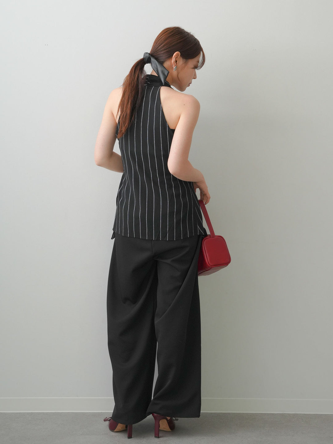 [SET]ストライプカシュクールジレ+クレープデシンタックワイドパンツ(2set)
