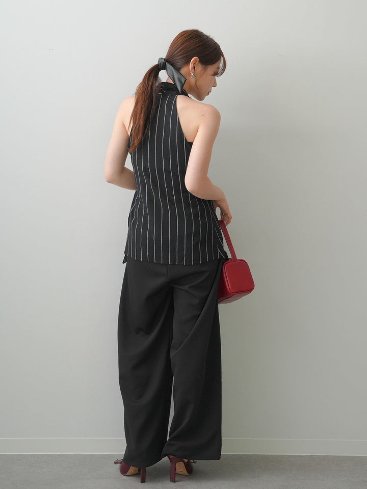 [SET]ストライプカシュクールジレ+クレープデシンタックワイドパンツ(2set)