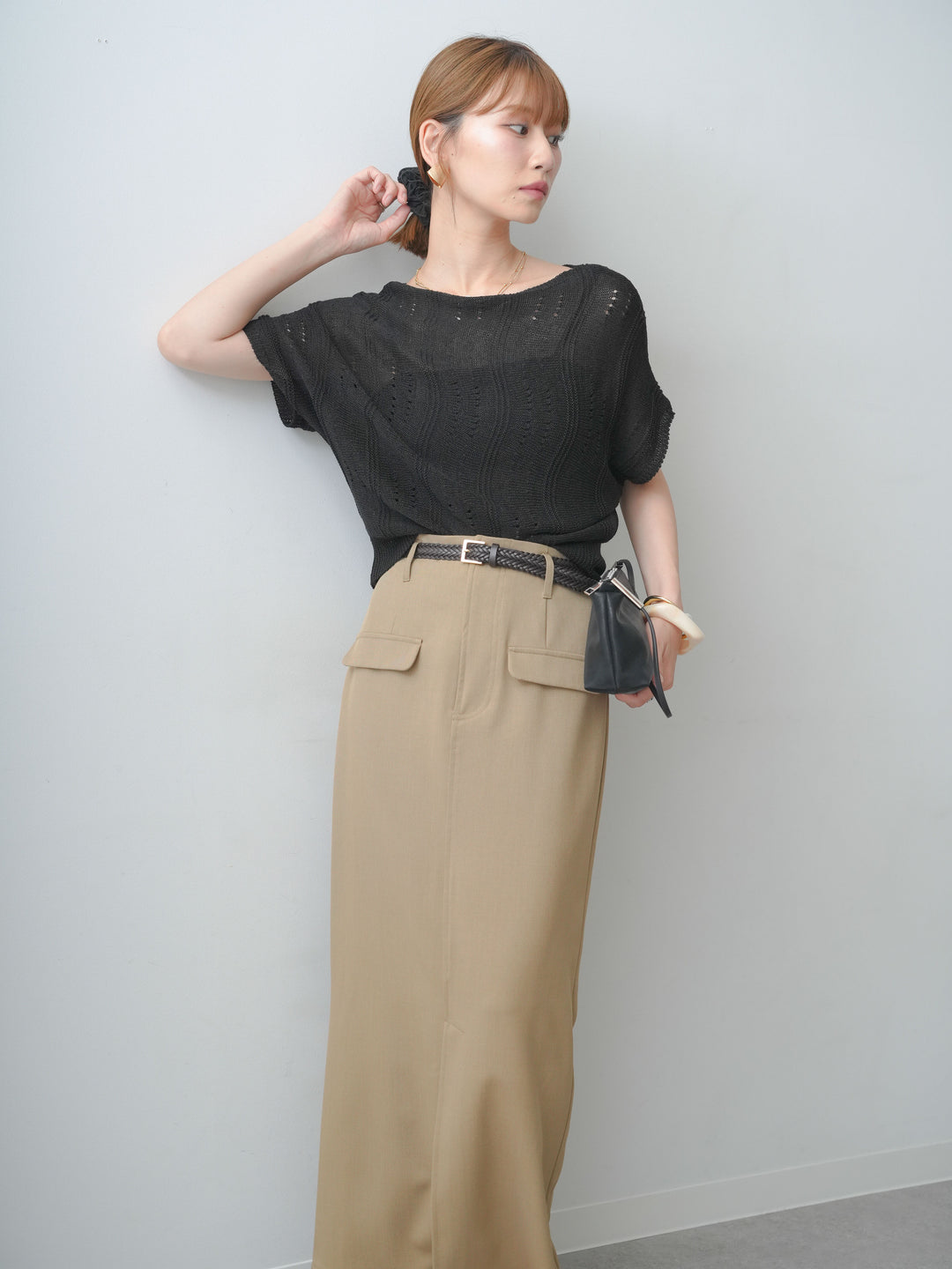 [SET]アイレットサマーニットトップス+クレープデシンフラップ付きストレートスカート(2set)