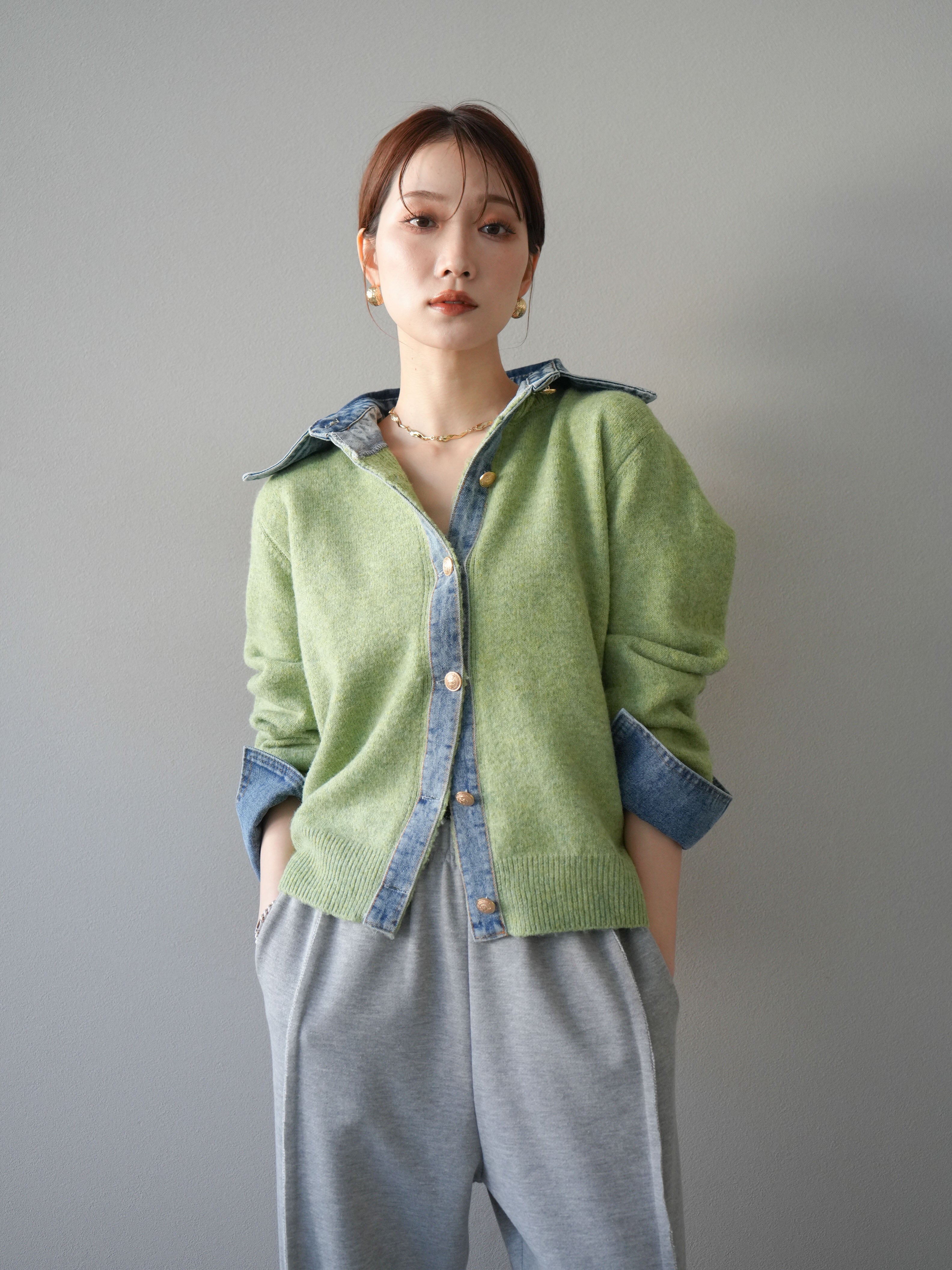 予約]デニム襟ボタンニットカーディガン/pistachio – Lumier
