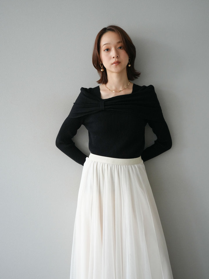 [予約]リボンモチーフオフショルリブニットトップス/black