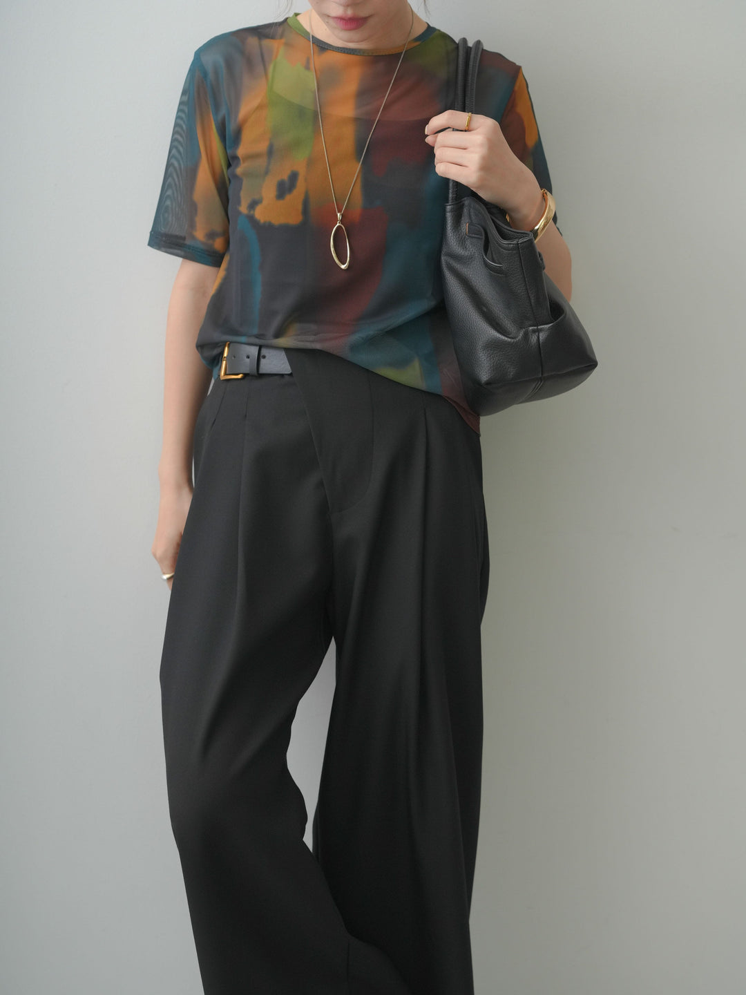 [SET]水彩アートシアーTシャツ+アシンメトリーベルトタックワイドパンツ(2set)