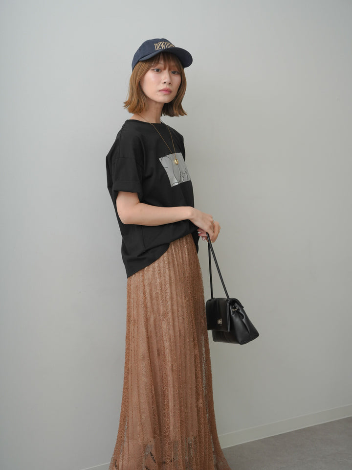 [SET]箔プリントボックスTEE+フローラルレースプリーツスカート(2set)