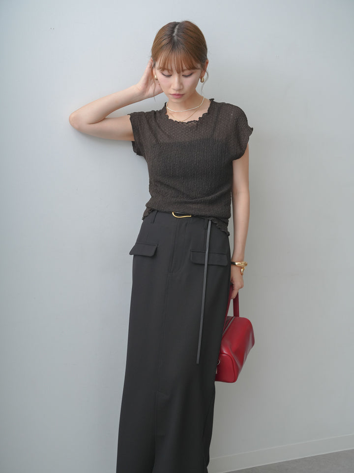 [SET]シャーリングシアーバックオープンフレンチトップス+クレープデシンフラップ付きストレートスカート(2set)