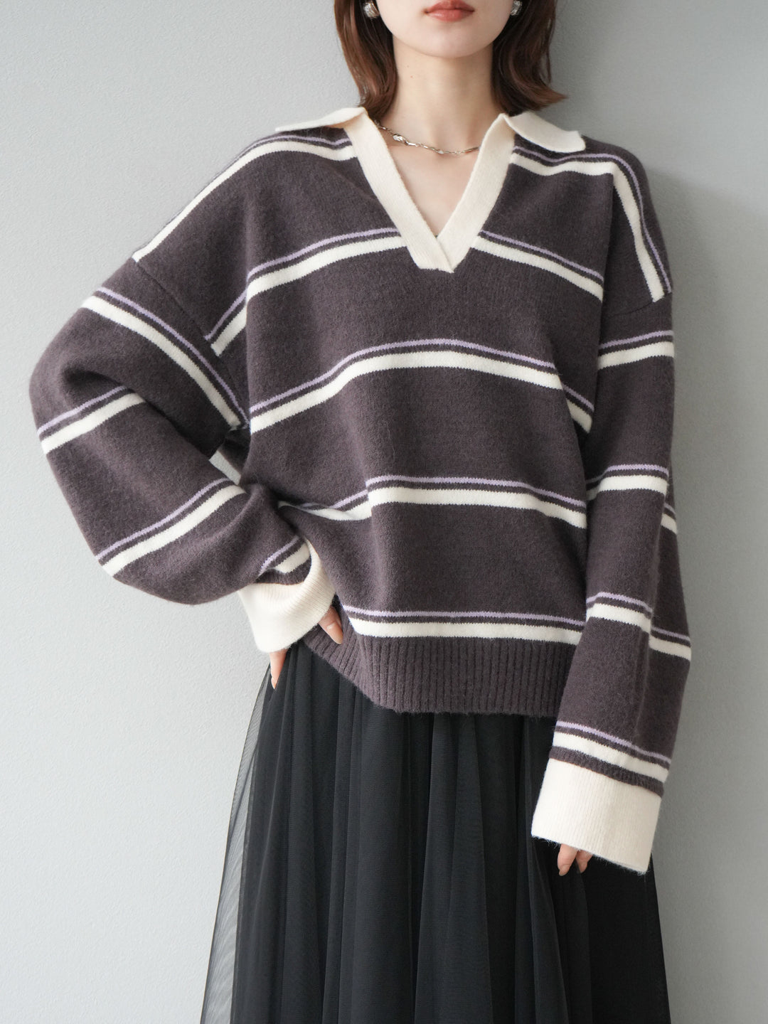 [SET]ポロ襟スキッパーボーダーニットプルオーバー+チュールボリュームスカート(2set)